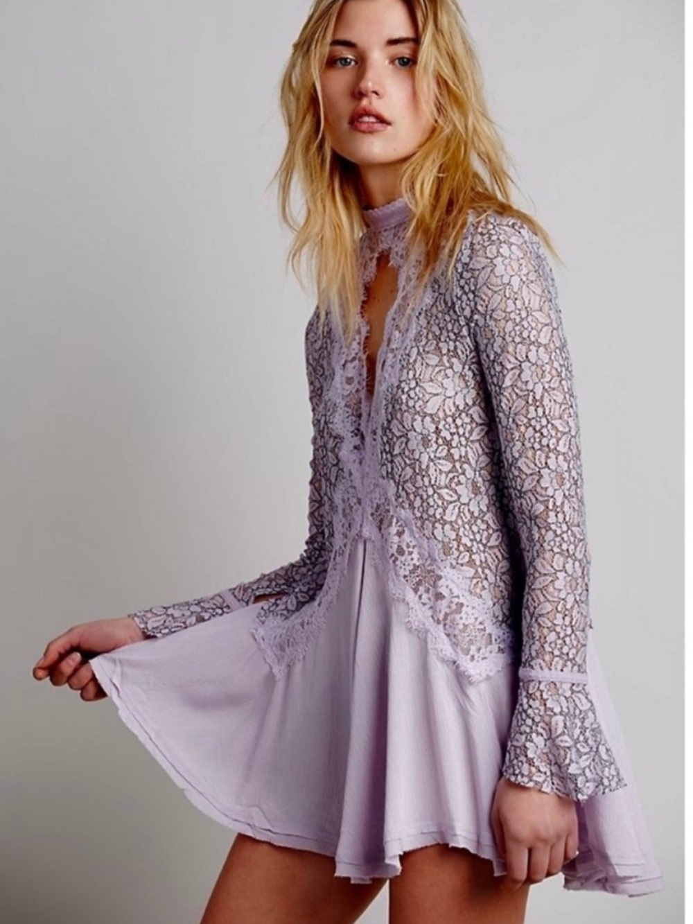 Free People Lavender Lace Cutout Long Sleeve Mini Dress